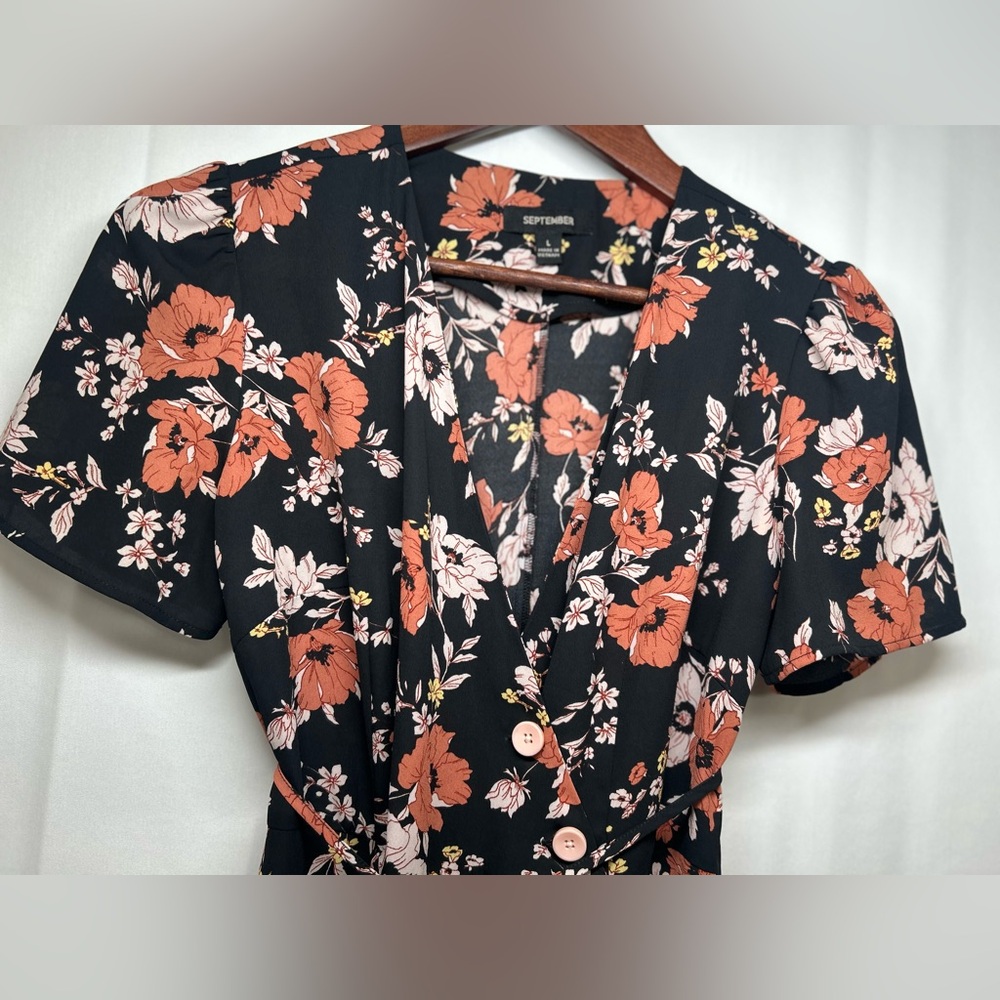 September the shop Vibrant Floral Faux Wrap Dress Lrg Asymmetrical Button Up - Picture 6 of 11